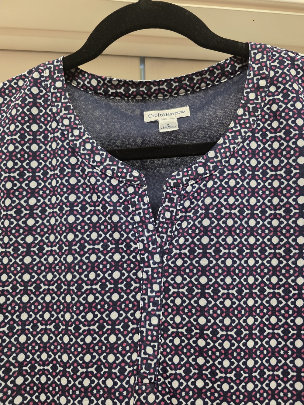croft & barrow Navy Geometric 3/4 Sleeve Blouse with Pink and White